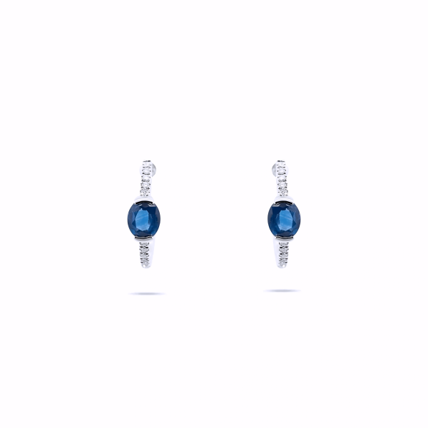 BLUE SAPPHIRE OVAL AND DIAMOND HUGGIE EARRINGS