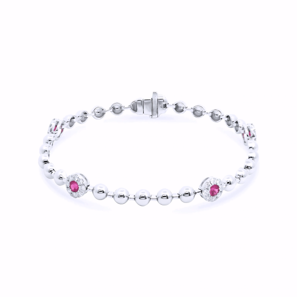 DIAMOND AND RUBY FLOWER BALL CHAIN BRACELET